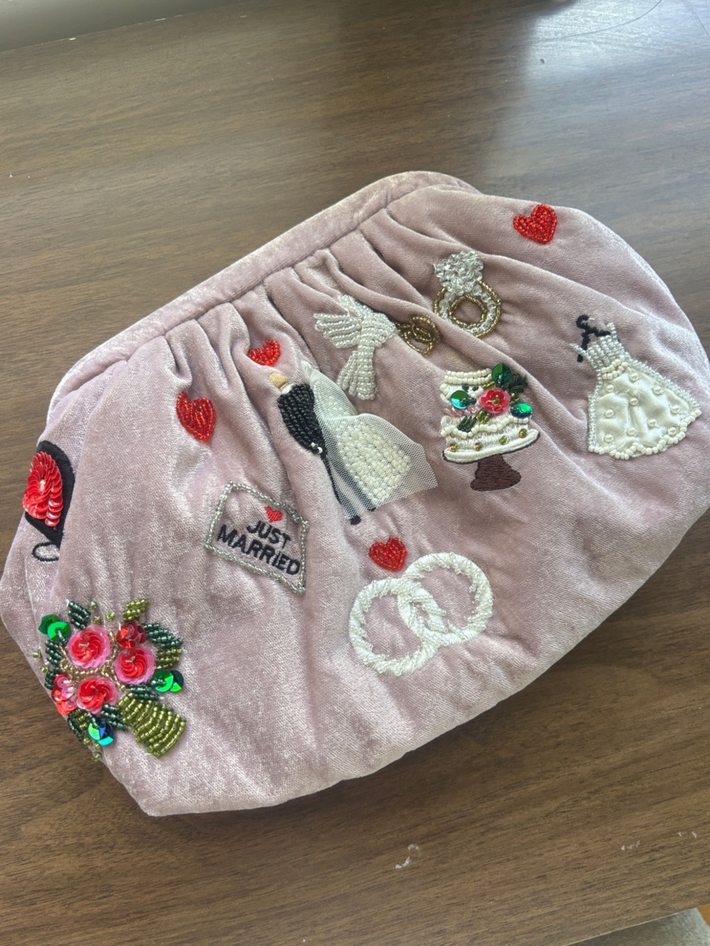 Embellished Pink Velvet Clutch Bag - Wedding Motif